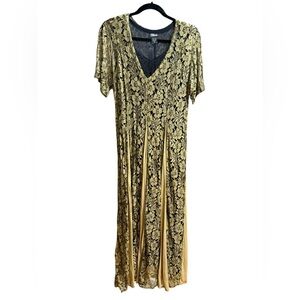 Vintage Gold & Black‎ Shimmery Floral Maxi Dress Evening Gown Sz S